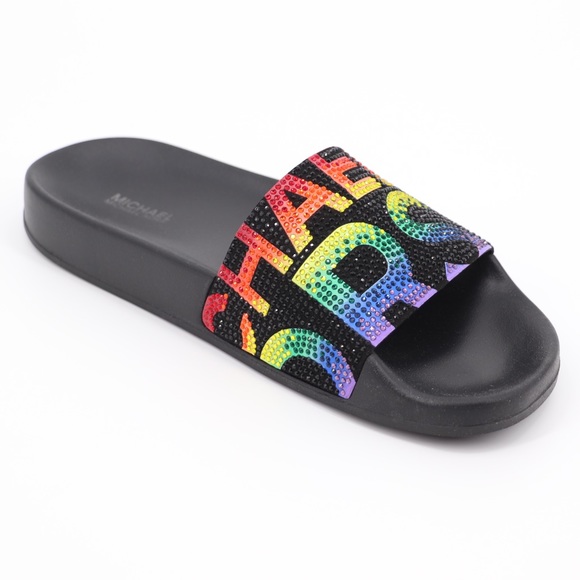 New Michael Kors 7 Gilmore Embellished Slide Sandals Black Multi - Picture 11 of 16